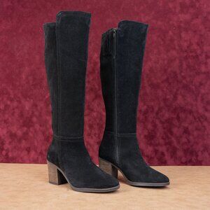 Lucky Brand Women Black Suede Western Block Heel Zip Knee Boots Sz 6.5 EUR37.5